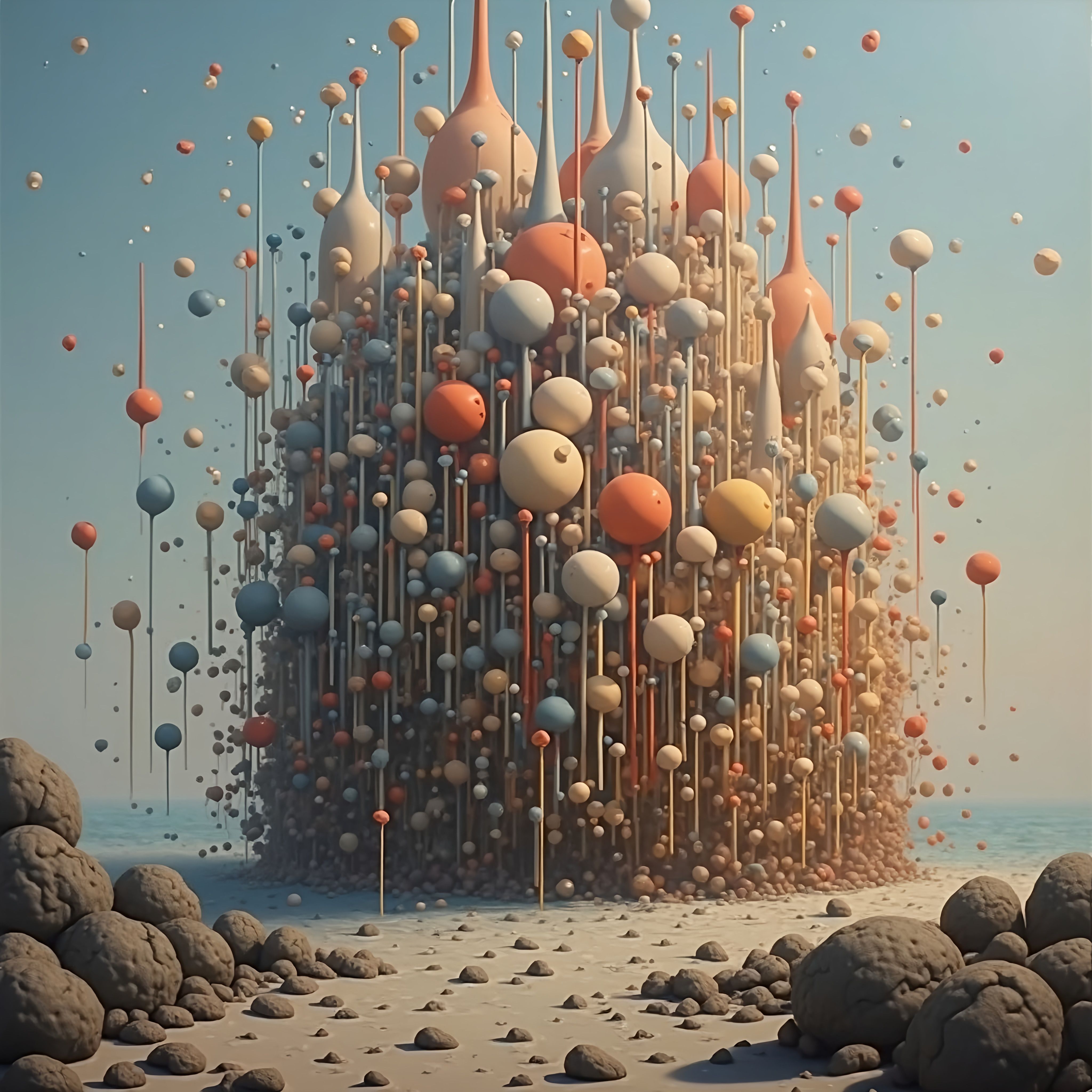 Prompt: a painting of a bunch of balls and poles in the air and a beach with rocks and rocks on the ground, kinetic pointillism, cinema 4 d, computer graphics