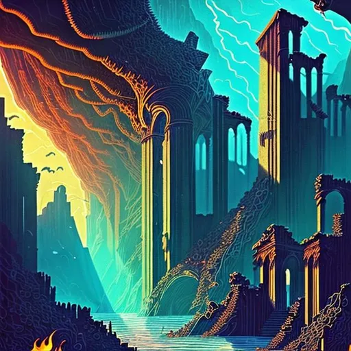 Prompt: 24 bits dream core 70s art style infinite sand and water and walls of water and fire that lead high into the sky and ruins and huge bones that are worked into the ruins that attach to floating ruans that are connected with rope bridges and the whole thing is staticky as if were on a TV screen 