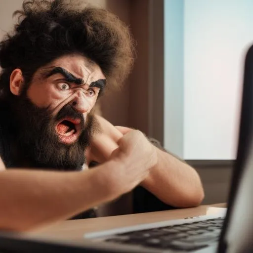 Prompt:   frustrated caveman, Unhealthy, thick black eyebrows, staring at a computer screen, used tissues on desk