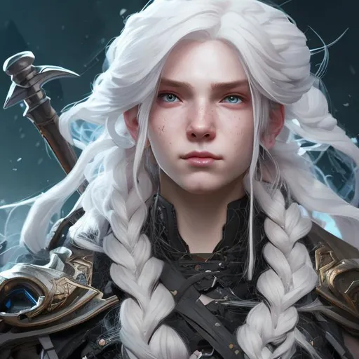 Prompt: Portrait of a nonbinary character with long white hair hair and with cute face, battlefield background, greataxe, no armor, perfect composition, hyperrealistic, super detailed, 8k, high quality, trending art, trending on artstation, sharp focus, studio photo, intricate details, highly detailed