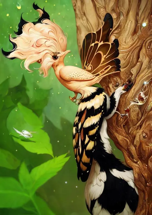 Prompt: Glossy portrait of a golden hoopoe bird Art by  Victo Ngai, Sherry Akrami,   Nicoletta Ceccoli, Anna Dittman, Lucie Bilodeau, Laura Diehl, Remedios Varo, Paul Delaroche,  Sergio di lorio, highly detailed, sharp focus, ethereal, fantastic view, dreamy, Epic, celestial, sparkling, glossy, light emitting,  inner light.