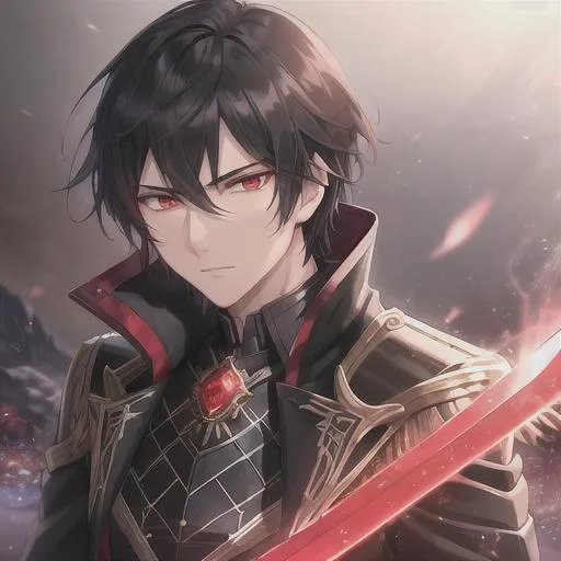 Prompt: Handsome young male, highly detailed and clear red eyes, a young anime man with short black fringe hair, wearing black trenchcoat, clear sparkling red glowing eyes, a cold expression, holding a black sword in each of his hands, fantasy, red eyes, intricately detailed face, intricate, highly-detailed, ultrarealistic face, large landscape, mechanics, dramatic lighting, gorgeous face, lifelike, stunning, anime young man face, digital painting, large, artstation, illustration, concept art, smooth, sharp focus, highly detailed painting, looking at viewer, full body, photography, detailed skin, realistic, photo-realistic, 8k, highly detailed, full length frame, High detail, full body art, 