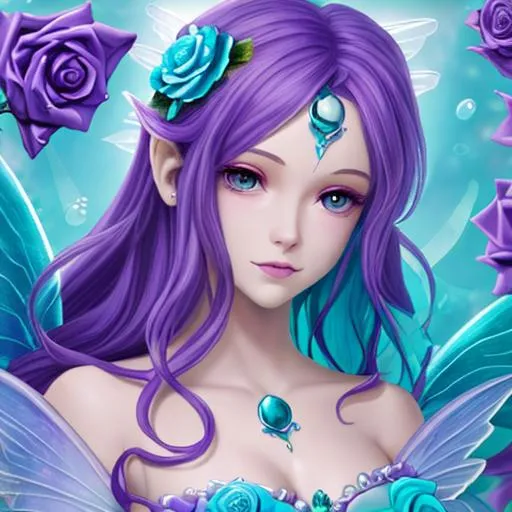 Prompt: purple rose fairy goddess with aqua, closeup
