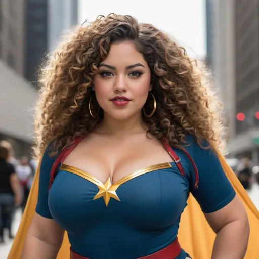 Prompt: A plus sized latina, with super curly hair, super hero called The Aviator