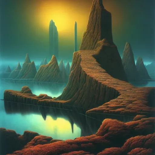 Prompt: Long shot scenic photograph in style by Zdzisław Beksiński, vivid colors, everything in sharp focus, HDR, UHD, 64k