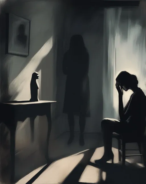 Prompt: A conceptual illustration depicting anxiety as a ghostly figure looming over a worried young woman alone in a dimly lit room. Heavy shadows and desaturated cool tones create an uneasy atmosphere. The woman's body language conveys tension and unease. Rendered in a moody, expressive painting style. Impasto pallette knife oil painting 