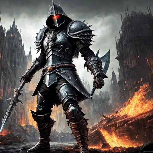 Prompt: Dark souls character, Very complex, hyper-maximalist, overdetailed, 64k resolution, Disturbed, Berserk style, blood rain sky, enraged Doom Slayer in a spiked metal nanosuit, large fur cloak, claymore, greatsword, blind rage, rampaging through a city, slaughtering everything. Movie Scene, Fire, Rage, Scream, blood, bleeding, sharp focus, fine detail, hyperrealistic, dramatic lighting, UHD, 4k, 8k.