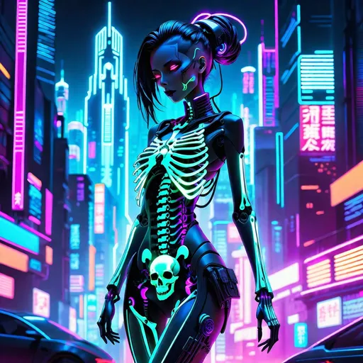Prompt: Full body view anime illustration of a cyberpunk goddess lady of the dead in skeleton form, detailed skeletal features, sleek and futuristic design, glowing neon cyberpunk cityscape in the background, intense and mystical aura, high-quality, ultra-detailed, anime, cyberpunk, skeletal features, futuristic design, glowing neon, intense aura, full body view, professional, atmospheric lighting