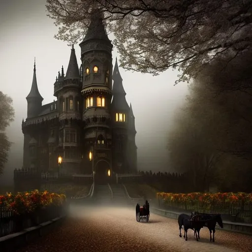 Prompt: ((Best Quality)), ((The masterpiece)), ((realistic)) ((victorian vampiric Dracula Gothic carriage)) with Mina Harper interior, Dracula's  Brides flying over trying to attack Mina, and  2 black horses pulling the carriage, in the fog year 1880, going to a ((Gothic Dracula Castle)), ((hightly detailed)), ((outstanding)), ((Cinematic )) ,((Gorgeus)), Realistic, HDR.