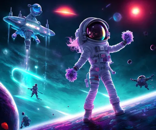 Prompt: A Hyper realistic Vivid book cover about a tween zombie cheerleader in space, astronaut outside, unreal engine, uhd, liminal space, energetic, spaceship in background, neon