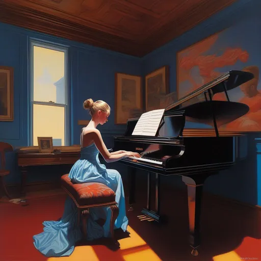Prompt: realistic detailed image of a female playing piano in the style of francis bacon, surreal, norman rockwell and james jean, greg hildebrandt, and mark brooks, triadic color scheme, by greg rutkowski, in the style of francis bacon and syd mead and edward hopper and norman rockwell and beksinski, dark surrealism, open ceiling, highly detailed, painted by francis bacon, painted by james gilleard, surrealism, by nicola samori, airbrush, ilya kuvshinov, wlop, stanley artgerm, very coherent, art by takato yamamoto and james jean