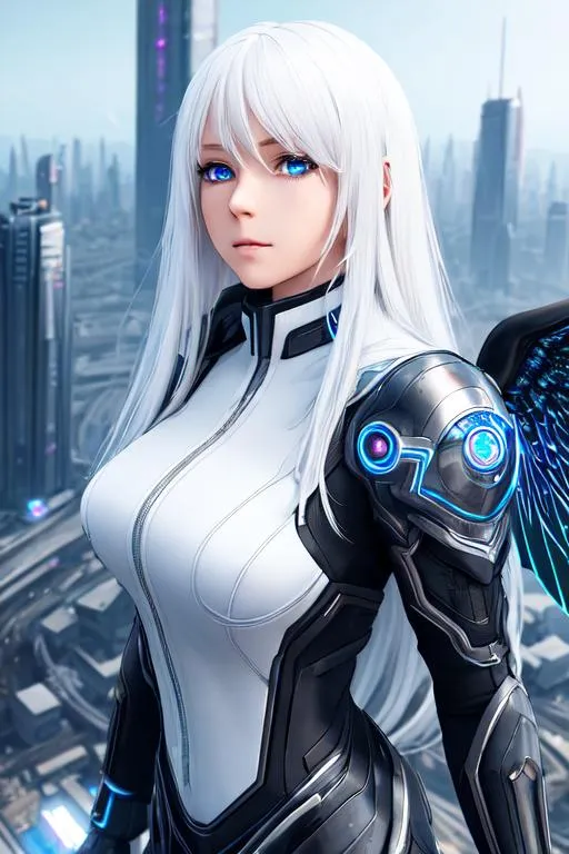 Prompt: Dystopian, High Detail RAW color Photo, Full Shot, upper half view, (cute and innocent female), long stray white hair, elegant, detailed face, detailed glowing blue eyes eyes, centered, big black wings. blue power behind her

standing on an overlook, looking out at sprawling cyberpunk city skyline, perfect face, (highly detailed, fine details, intricate), (lens flare:0.5), (bloom:0.5), raytracing, specular lighting, shallow depth of field, 200mm lens, hard focus, smooth, cinematic film still, vanishing line,

masterpiece, professional work, HD, UHD, 64K, 128K,