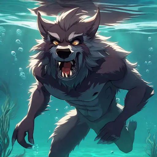 Prompt: Anthro furry werewolf swimming underwater