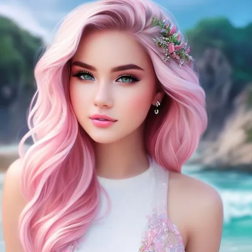 Prompt: Full body Portrait of {teenager love hd} with {pink} hair and with cute face, { In a beautiful seashore }, full body, perfect composition, hyperrealistic, super detailed, 8k, high quality, trending art , trending on artstation , sharp focus , Realistic background image of hd, intricate details, highly detailed.