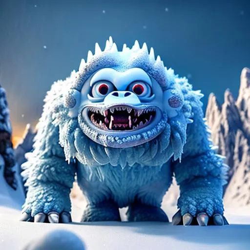 Prompt: an adorable abominable snow monster --no trending on artstation --no stylize --goofy, ray tracing light pillars, highly detailed, symmetrical, mountainous background, stop motion, 