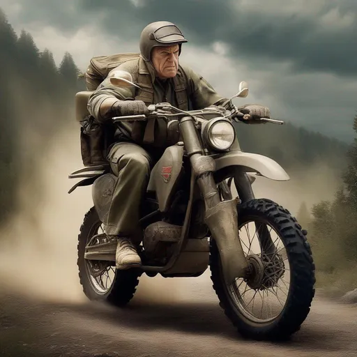 Prompt: Colonel Walter Kurtz riding a big trail motorcycle. realistic photography