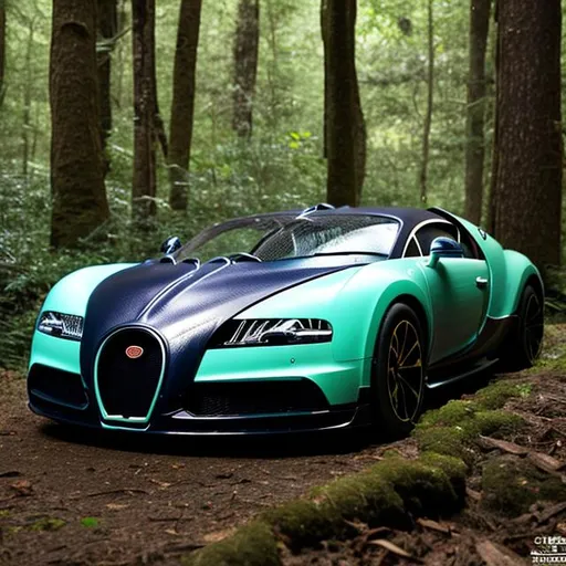 Prompt: Abbandoned Bugatti Chrion in a forest