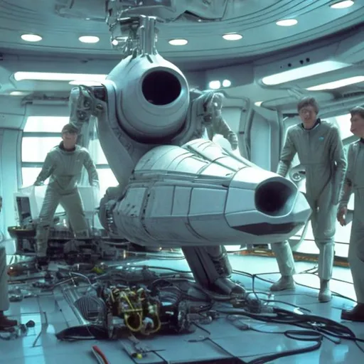 Prompt: The starship 5011. 
The three man crew all male command the robot to fix the engine of the starship .