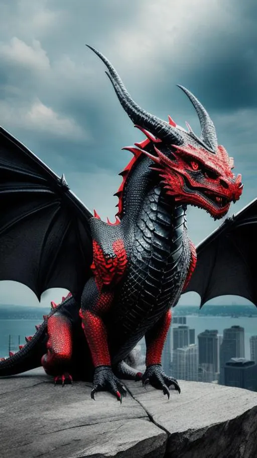 Prompt: Dragon, masculine body, dragon head,  red eyes, high detail, ultra 8k, realistic, black costum, wings,sitting, city