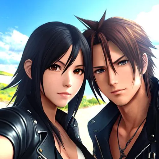 Prompt: The characters Squall and Rinoa from Final Fantasy 8 taking a nice selfie together