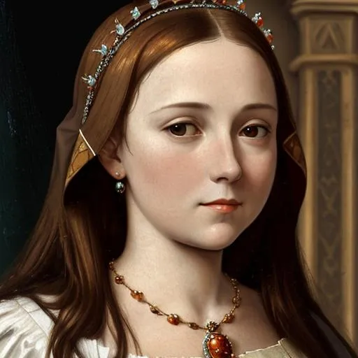 Prompt: Royal queen Catherine of Aragon, cute round face, light brown hair, wearing a tiara and beautiful jewels, 16th century, facial closeup