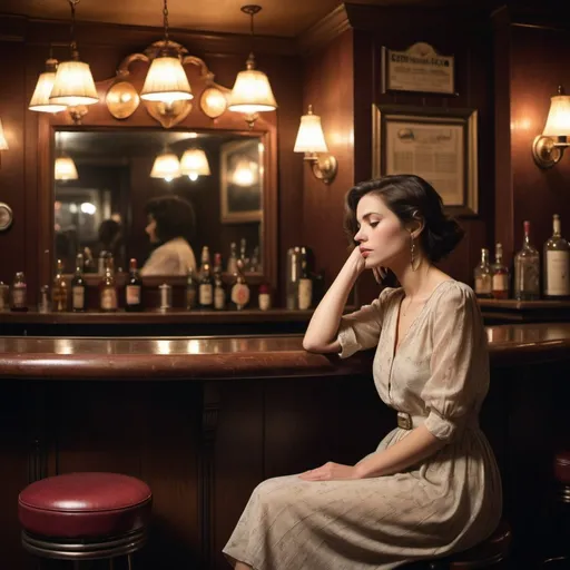 Prompt: In a vintage-inspired setting, a woman sits alone at a dimly lit bar, her expression thoughtful and introspective. The bar is adorned with old-fashioned decor, including antique mirrors, brass fixtures, and dimmed pendant lights that cast a warm glow.

She's dressed in timeless attire that reflects a blend of classic and contemporary styles, symbolizing the timelessness of the song's message. Her posture suggests a mix of strength and vulnerability, hinting at the complexities of love and relationships.

In the background, a jukebox plays softly, filling the air with the melancholic melody of "Seven Year Ache." The atmosphere is filled with a sense of nostalgia and longing, capturing the essence of the song's themes of love, loss, and reflection.