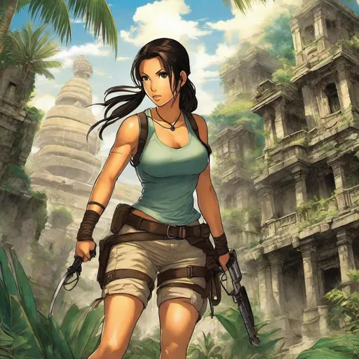 Prompt: anime art, athletic young Indonesian woman, 25 year old, (round face, high cheekbones, almond-shaped brown eyes, small delicate nose, black hair in long braid), dressed as Lara Croft, perfect hourglass figure, action pose, background ruined ancient tropical city, Japanese manga, Pixiv, Fantia