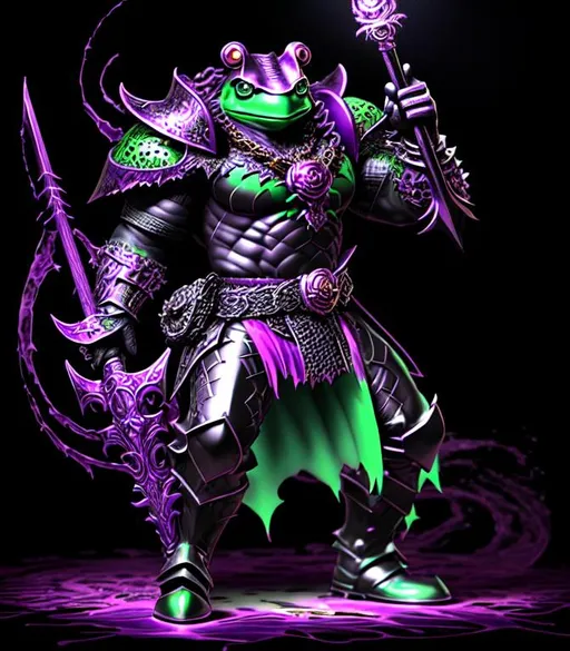 Prompt: Horror, Scary, Ominous, Sinister, freeform dark chaos epic bold, 3D, HD, {one}({liquid metal {Man}Frog dressed in Barbarian outfit} with {purple gold pink green red silver blood}ink), expansive psychedelic background --s99500