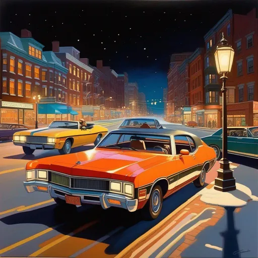Prompt: 1970s, Boston at night, car chase, warm atmosphere, cartoony style, extremely detailed painting by Greg Rutkowski and by Henry Justice Ford and by Steve Henderson