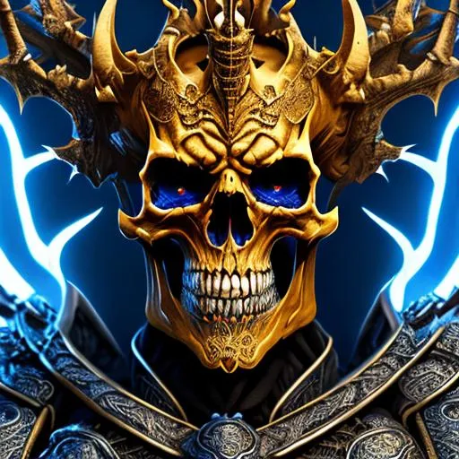 Prompt: Skeleton King of Hell :: Flaming Skull, Intricately Designed Nordic Armor, Photograph Taken on Nikon D750 :: Artgerm, WLOP, Greg Rutkowski :: Intricate, Elegant, Digital Illustration, Scenic, Hyper-Realistic, Hyper-Detailed, 8k, royal yellow and ultramarine blue
