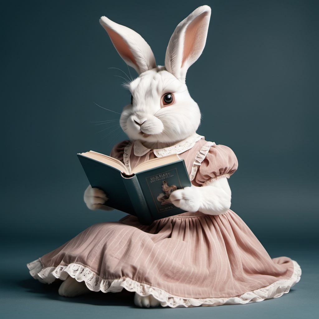 A full body female rabbit in a dress reading a book