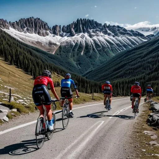 Prompt: Cyclists on the way to the top of a col in a tough mountain stage.