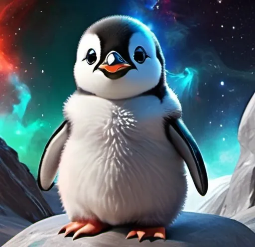 Prompt: cute baby Penguin God made of cosmic energy, white blue black red and green, Galaxy, Magic: The Gathering Art-style,