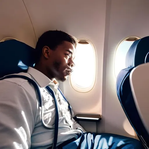 Prompt: 23 years old black boy in airplane 
