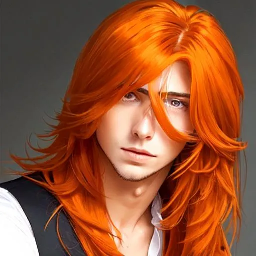 Prompt: A real handsome young man with long, silky hair and a bright orange color