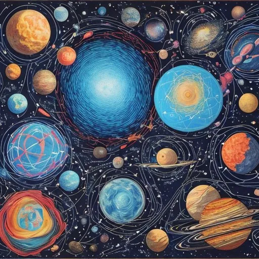 Prompt: 
Title: "MPC"

Description: The drawing features a creative and dynamic background that merges elements of mathematics, physics, and chemistry, representing the three subjects.

1. Background: Begin with a cosmic backdrop, indicating the vastness of knowledge encompassed within these subjects. Depict stars, planets, and galaxies, hinting at the wonders of the universe waiting to be explored.

2. Mathematics: In the foreground, incorporate mathematical symbols, equations, and shapes that float in the air. Represent famous mathematical concepts like Pythagorean theorem, fractals, or a Möbius strip. This element symbolizes the foundational role of mathematics in understanding the world.

3. Physics: Emphasize physics by incorporating elements such as gears, gears connected by various forces, or orbiting planets. Show representations of fundamental forces such as gravity, electromagnetism, and the strong and weak nuclear forces. Include some iconic experiments or equipment like a pendulum, telescope, or the double-slit experiment.

4. Chemistry: Depict chemical reactions through colorful bubbling flasks and test tubes, symbolizing the dynamic nature of chemistry. Include molecular structures of significant compounds like water, DNA, or caffeine. Incorporate symbols of the periodic table, such as elements' atomic structures or their chemical symbols.

5. Unity: Connect the three sections seamlessly to highlight the interconnectedness of these disciplines. Use overlapping elements or color gradients that transition from one subject to others
