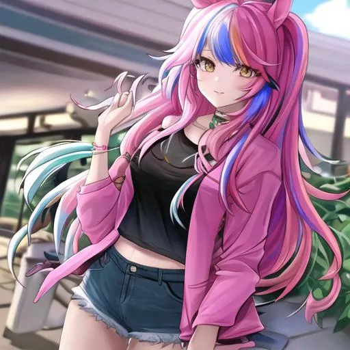 Prompt: Haley as a horse girl with bright multi-color hair in a casual outfit





