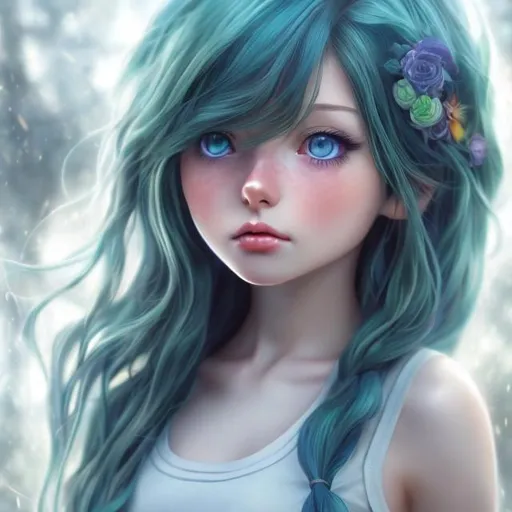 Prompt:  Realistic girl in anime, hyper detailed, long green wavy hair  anime girl and has dark blue eyes, highly full character visible, soft lighting, high definition, ultra realistic, digital art.