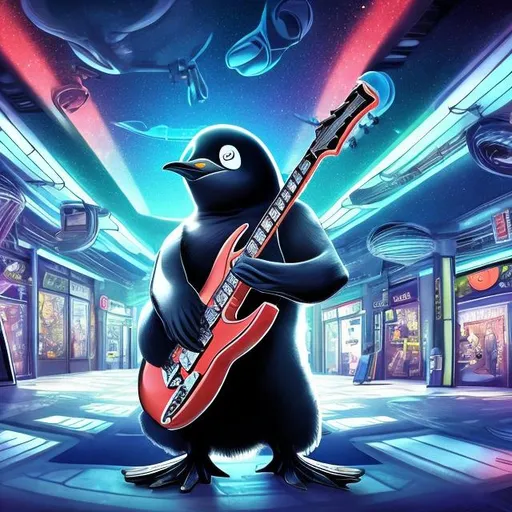 Prompt: Bodybuilding penguin, playing guitar for tips in a busy alien mall, widescreen, infinity vanishing point, galaxy background