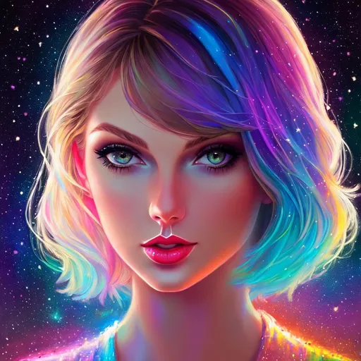 Prompt: a painting of a woman who looks like Taylor Swift, nighttime, galaxy, soft light, art, painting, sweet, fireflies, vaporwave