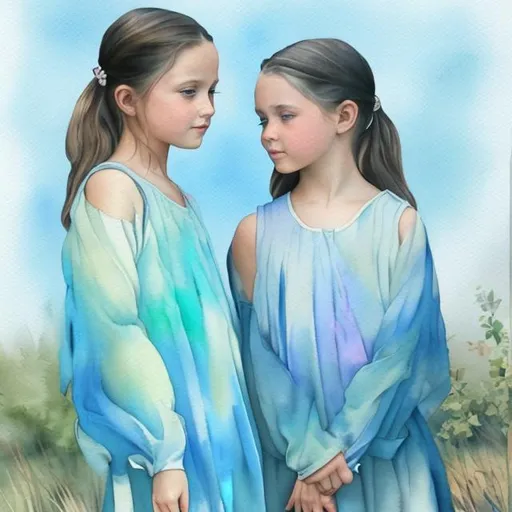 Prompt: Watercolor painting of multiple transparent layers  in light blue hues. The painting depicts two sisters mirroring each other. A sister´s left hand touches the other teacher´s right hand. 