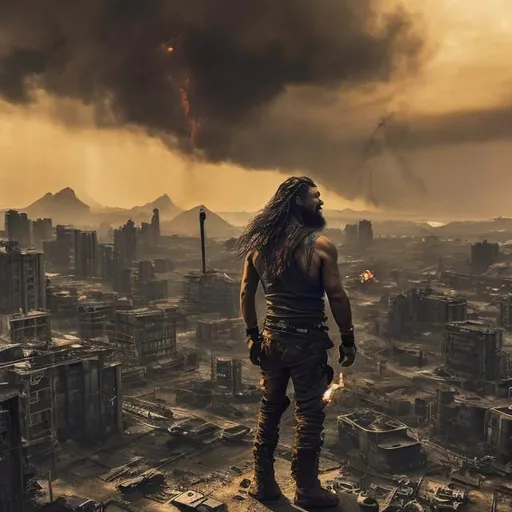 Prompt: Post apocalyptic city with a man that looks like Jason momoa standing on top a a skyscraper with to signal fire torches in his hands 