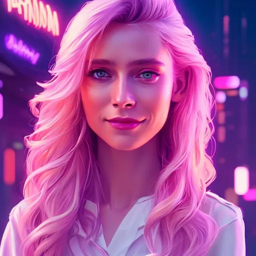 Prompt: handsome beautiful mid-twenties polish woman, long blonde hair,   smile, medium-tan skin, synthwave, dramatic, purple blouse, portrait, realistic details, photorealistic, 8k render, cinematic lighting,  ultra detailed