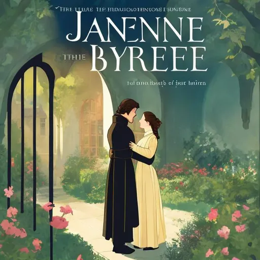 Prompt: Cover design of the Jane Eyre novel, featuring the conversation between the protagonist and the male lead in the garden.