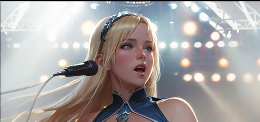 Prompt: A white girl with blonde hair and blue eyes,  singing on a stage with bright lights in front of a big audience, perfect features, extremely detailed, realistic. Krenz Cushart + loish +gaston bussiere +craig mullins, j. c. leyendecker +Artgerm. 