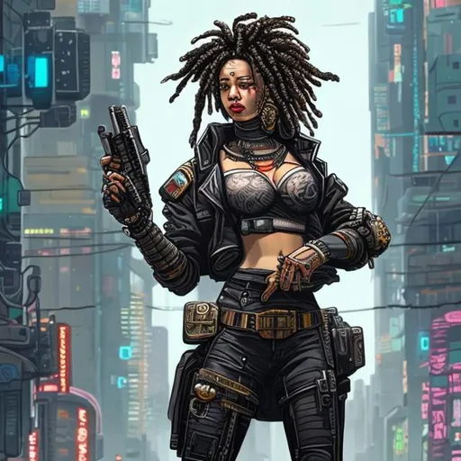 Prompt: large breasted cyberpunk female with dreadlocks and wielding a pistol