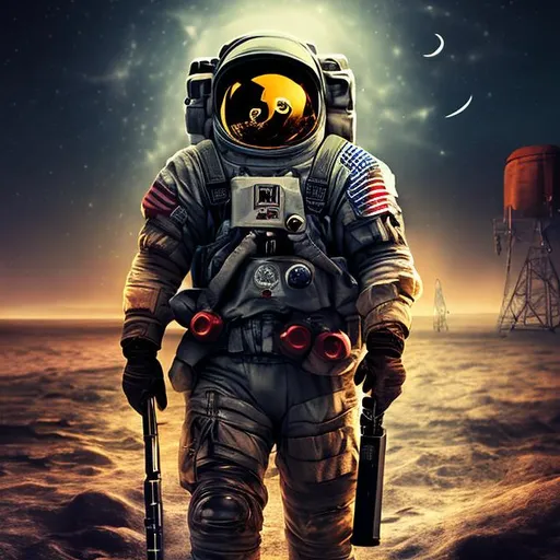 Prompt: Dark background as wallpaper for phone, oil painting, armed man is going to the moon, UHD, HDR, 64K