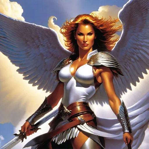 Prompt: "bliding angel, a painting of a woman with a sword and wings, as illustrated in top cow comics, magic the gathering artstyle, taking from above, 1993 video game cover, an eagle flying, rendered art, ability image, cloud jumper, artist interpretation"