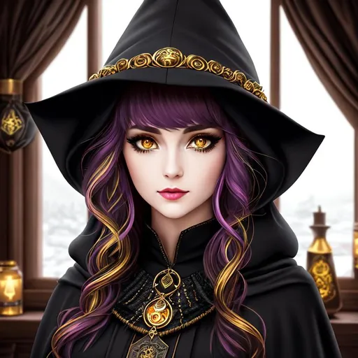 Prompt: half body portrait, female , detailed face, detailed pure golden eyes, full eyelashes, multicolored alien eyes, ultra detailed accessories, detailed interior, tavern background, black cloak, black hood, black witch robes with white undershirt, curly hair, bangs, dnd, artwork, dark fantasy, tavern interior, looking outside from a window, inspired by D&D, concept art, night time, ((looking away from viewer:0.3))