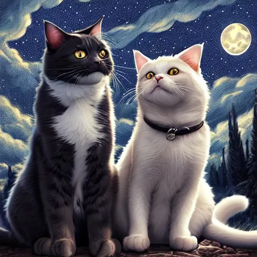 Prompt: A cat and dog snuggle together under the full moon in a starry night sky, hyperdetailed features, photorealistic, high quality, trending on artstation